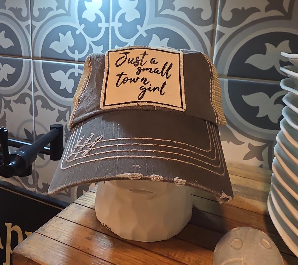 Just a Small Town Girl Distressed Trucker Hat - Grey Brown Tint